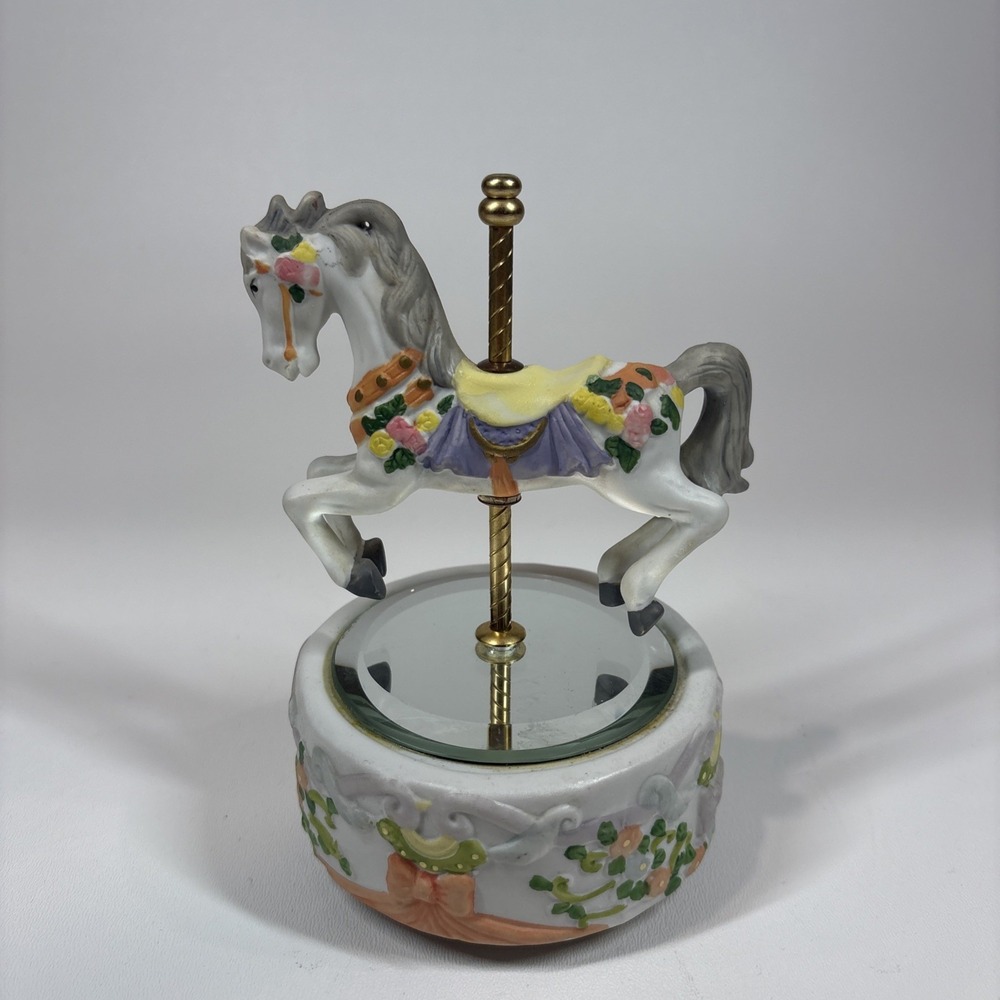 Vintage Carousel Horse with Round Porcelain Music Box and Mirrored Floor